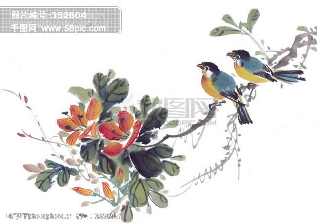 动物小鸟喜鹊油墨画花丛中华艺术绘画图片-图行天下图库