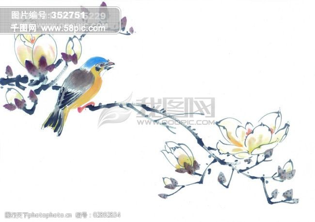 动物油墨画小鸟喜鹊花丛中华艺术绘画图片-图行天下图库