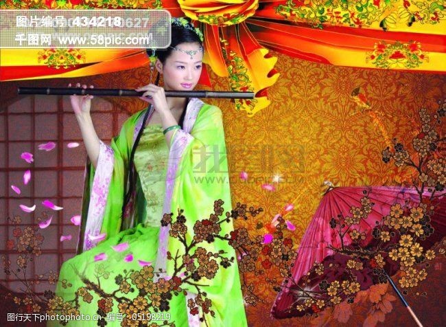 古典美图古典美图美女吹笛子梅花伞底纹花瓣绸带窗户