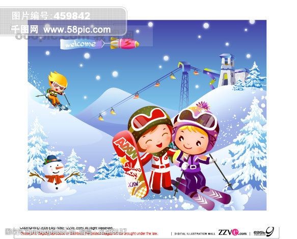 场景 冬天 飞机 滑雪 卡通儿童 矢量图 松树 下雪 雪人 雪山