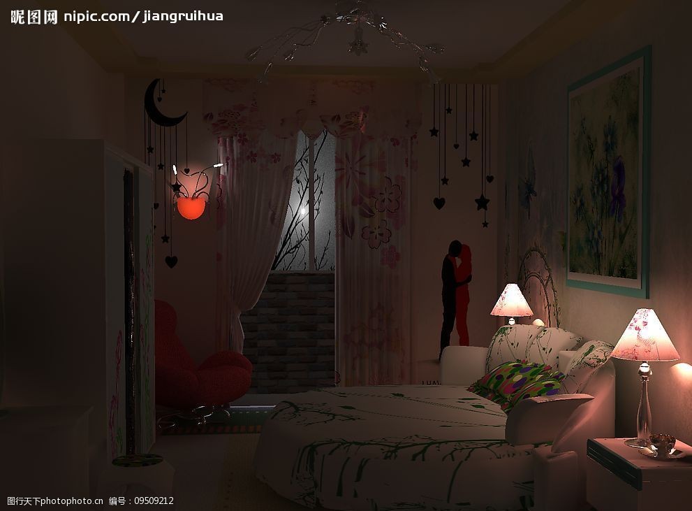关键词:卧室月夜景      情侣 双人床 夜晚 月色 灯光 温馨 3d设计