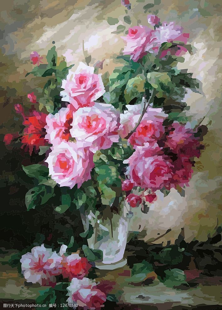 花玫瑰花花瓶油画矢量图盛开的玫瑰图片