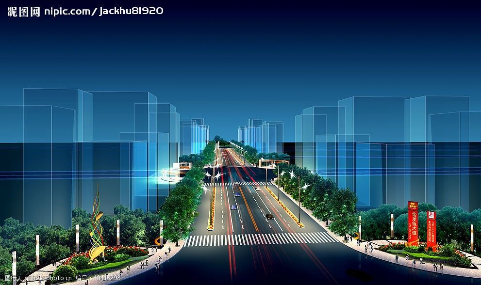 关键词:城市道路夜景 城市道路 环境设计 景观设计 设计图库 路灯效果