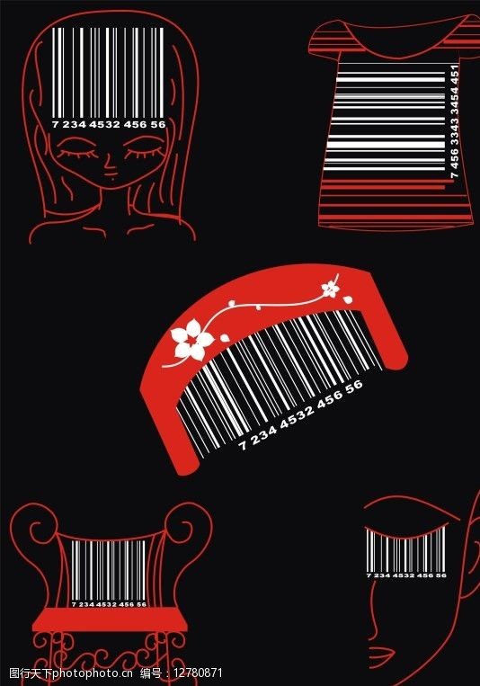 关键词:条形码练习 条形码 梳子 椅子 眼睫毛 黑红白 广告设计 logo