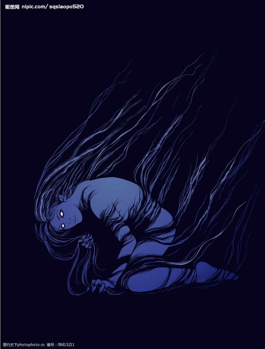 关键词:黑暗女人 黑夜 长发 眼睛 矢量人物 妇女女性 矢量图库 ai