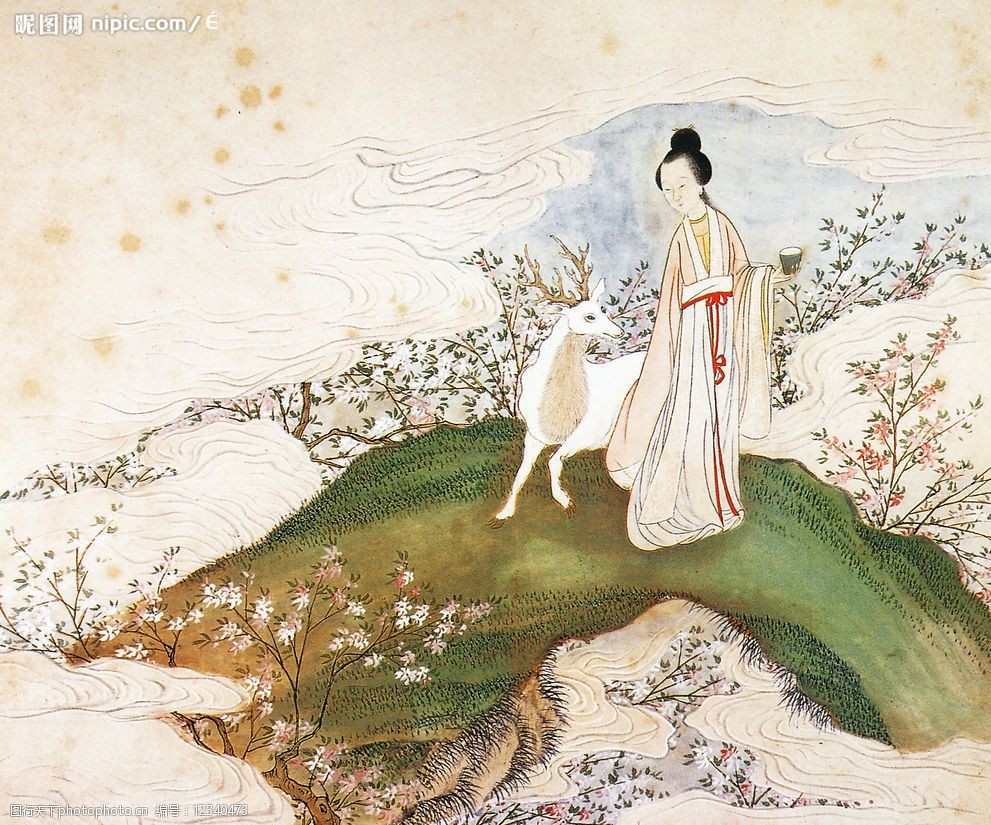 关键词:桃林仕女伴鹿图 中国名画 古画 文化艺术 绘画书法 设计图库
