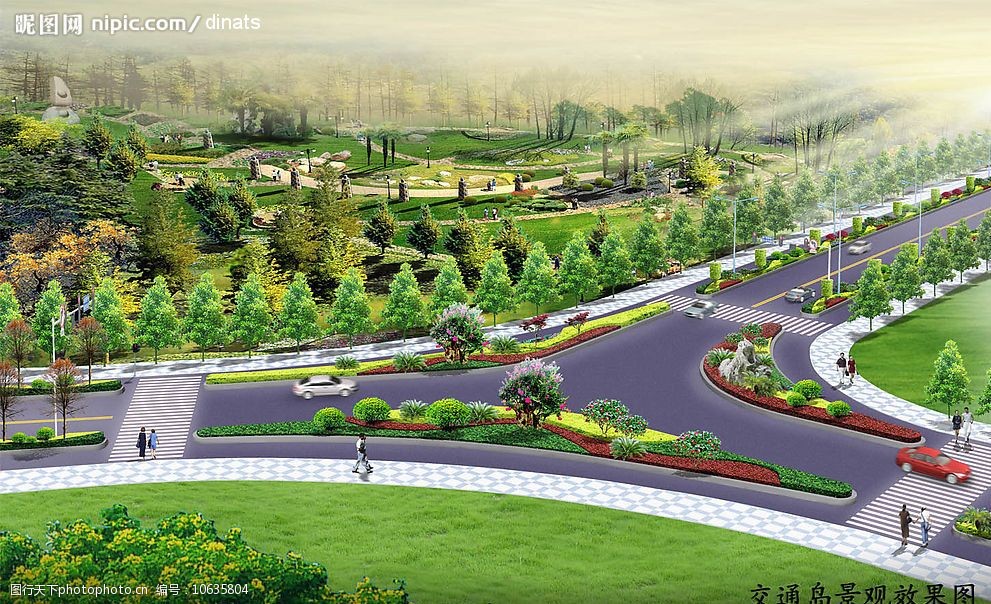 道路交通岛绿化效果图图片