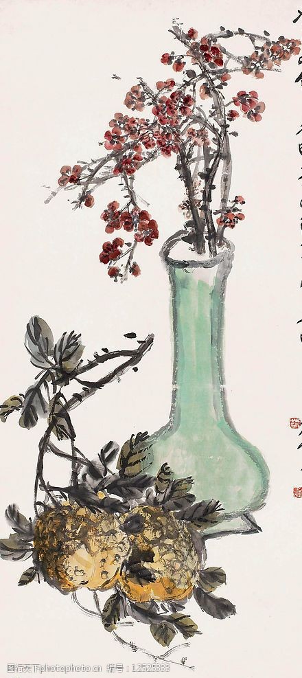 关键词:岁朝清供 立轴 梅花 花枝 花瓶 水果 题字 黔印 文化艺术 绘画