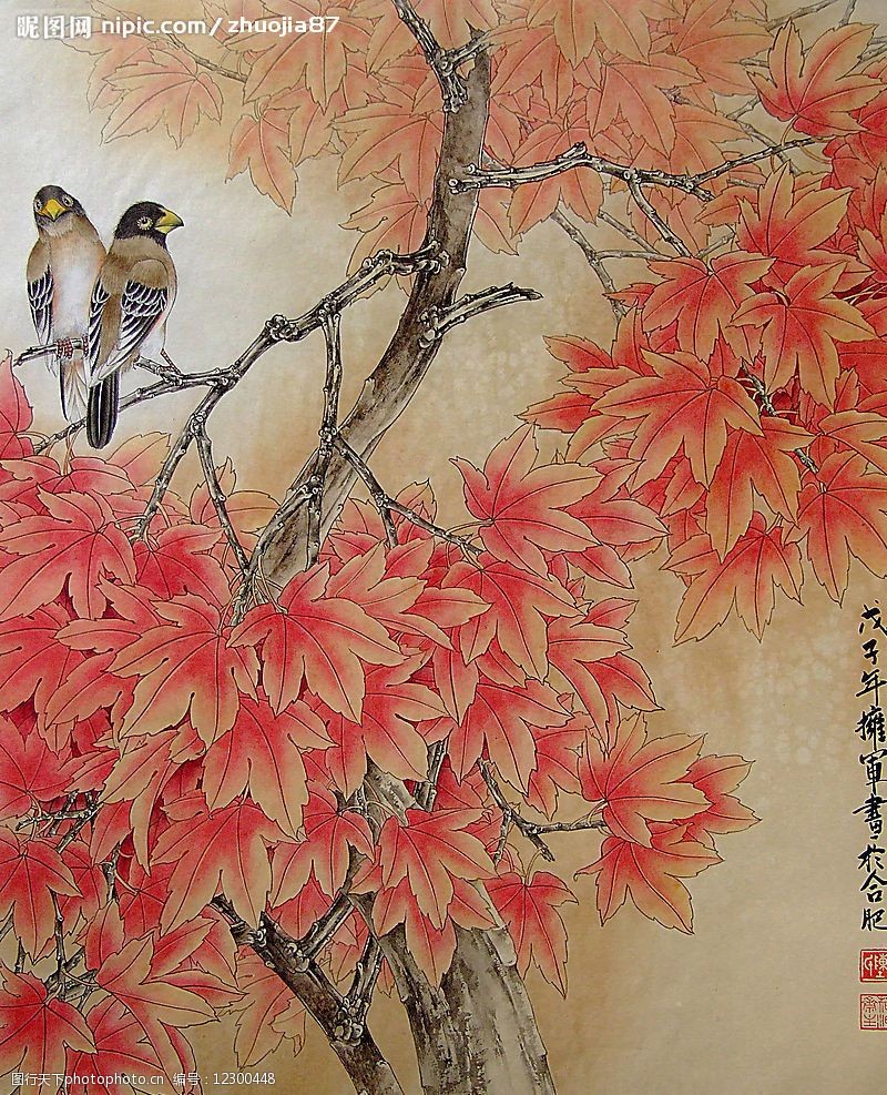 关键词:工笔花鸟 麻雀 枫叶 文化艺术 绘画书法 设计图库 99dpi jpg